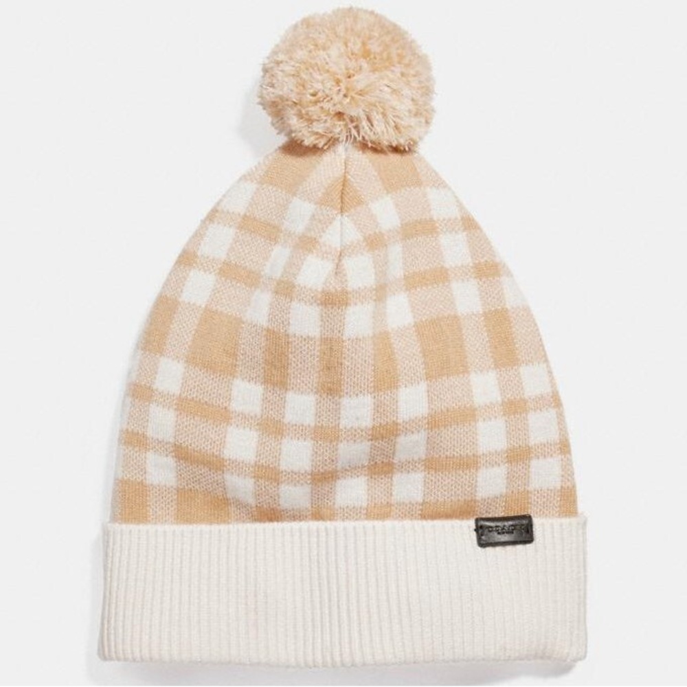 Coach Cream & Tan Check Pom Pom Beanie -NWT